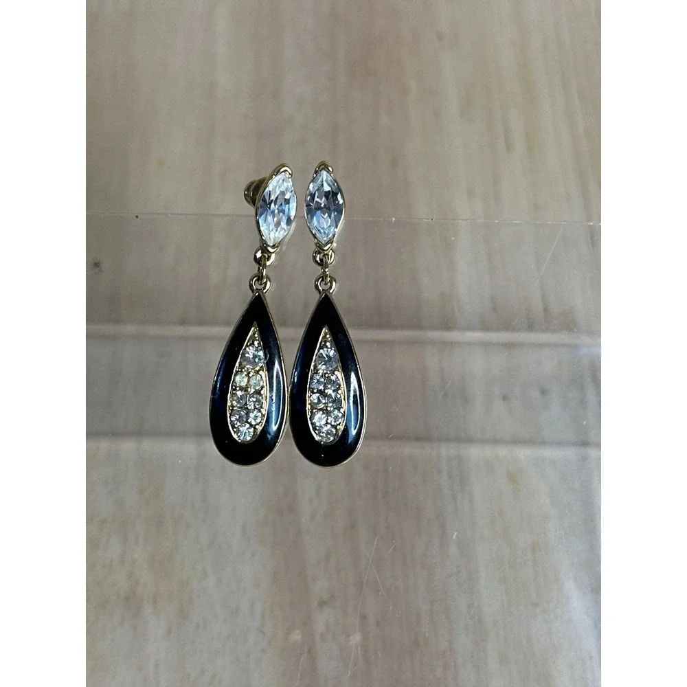 Gold Tone Black Enamel and Crystal Teardrop‎ Drop Earrings Marquise Stud